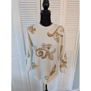 Vtg 80s Enid AMROX Sweater Women's L Cream Gold Beaded Wool Angora Embellished